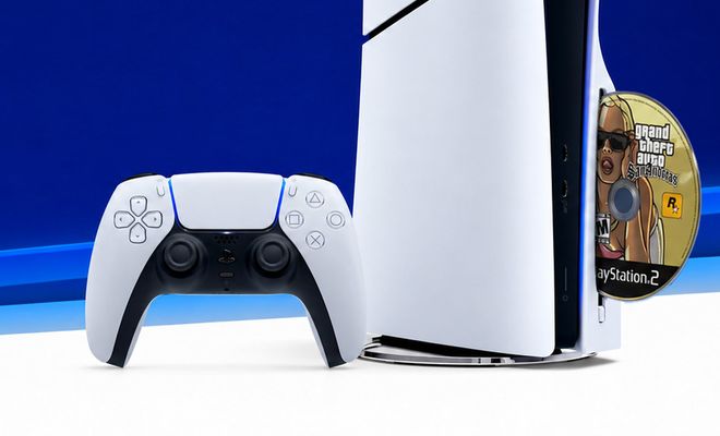 Consola PS5 con mando DualSense y un disco de juego de PlayStation 2 introducido en la unidad lectora.