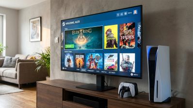 Televisor de salón mostrando la interfaz de Steam Big Picture junto a una consola PS5 y mandos DualSense.