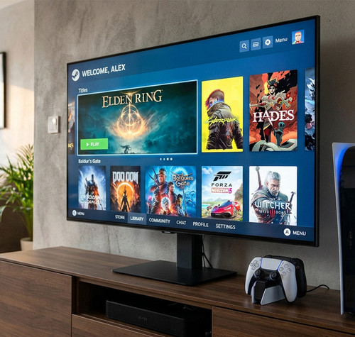 Televisor de salón mostrando la interfaz de Steam Big Picture junto a una consola PS5 y mandos DualSense.