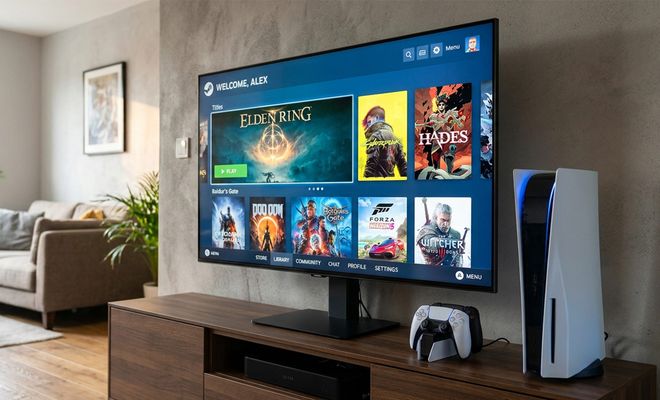 Televisor de salón mostrando la interfaz de Steam Big Picture junto a una consola PS5 y mandos DualSense.