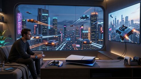 Usuario jugando con una consola PS5 Slim en un salón con vistas a una ciudad futurista con coches voladores.