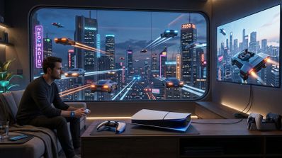 Usuario jugando con una consola PS5 Slim en un salón con vistas a una ciudad futurista con coches voladores.