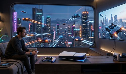 Usuario jugando con una consola PS5 Slim en un salón con vistas a una ciudad futurista con coches voladores.