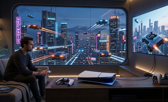 Usuario jugando con una consola PS5 Slim en un salón con vistas a una ciudad futurista con coches voladores.