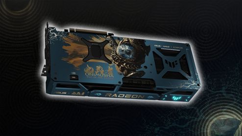 Placa posterior de una tarjeta gráfica Radeon RX 9700 XT con ilustración personalizada de Onimusa sobre fondo oscuro.