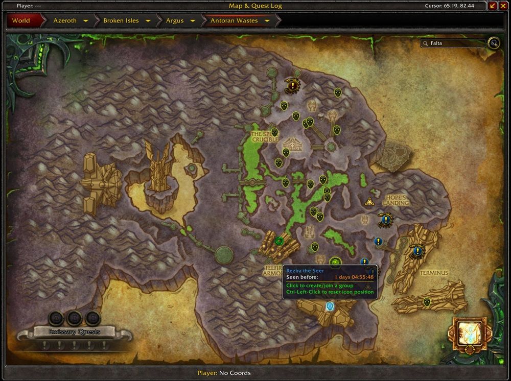Mapa de la zona de Antoran Wastes en World of Warcraft con iconos de localización del addon RareScanner.