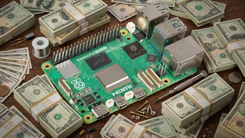 Placa Raspberry Pi rodeada de fajos de billetes de cien dólares, herramientas electrónicas y estaño sobre una superficie de madera.
