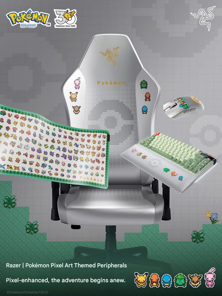Silla gaming, teclado, ratón y alfombrilla de la colección Razer Pokémon Pixel Art.