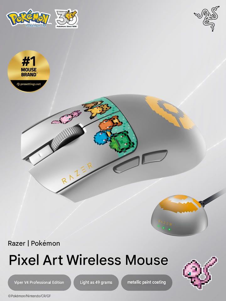 Ratón inalámbrico Razer Pokémon Pixel Art con ilustraciones de estilo retro sobre cuerpo plateado y base de carga.