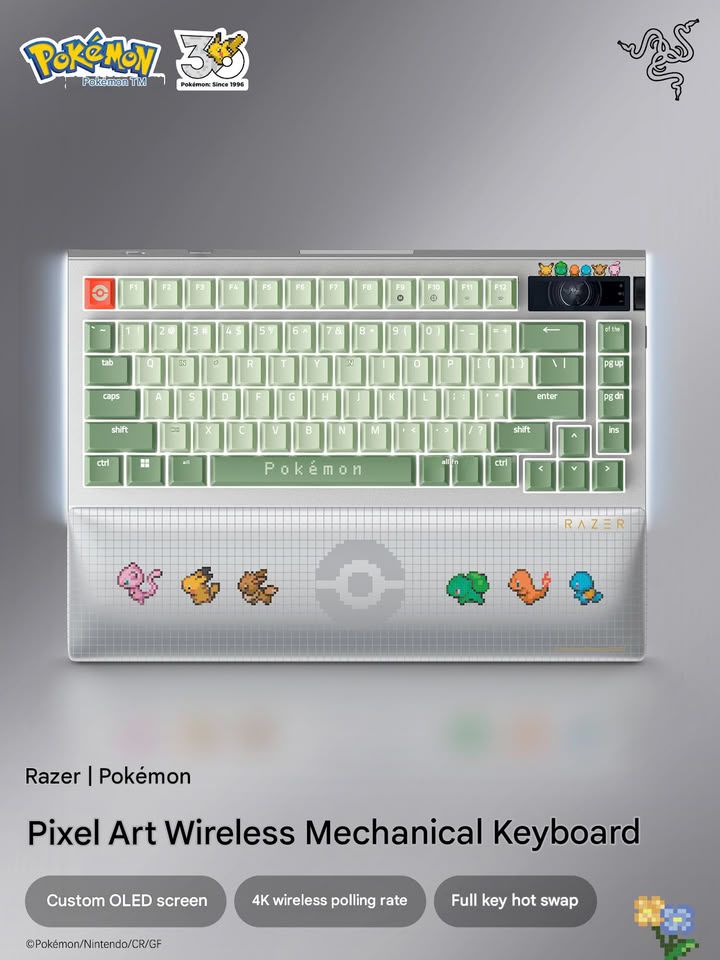 Teclado mecánico inalámbrico de Razer con temática de Pokémon y estética pixel art.