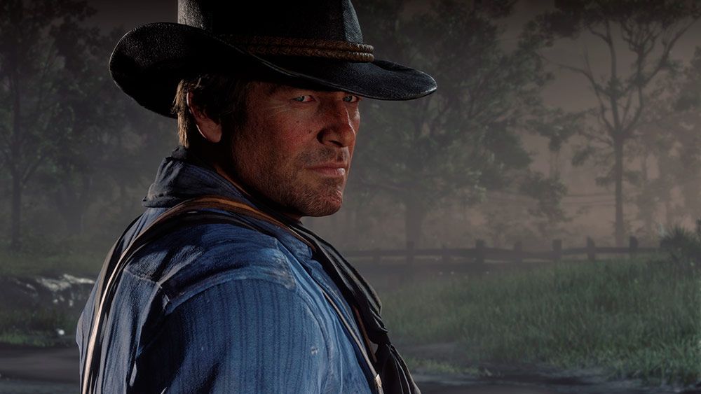 Primer plano de Arthur Morgan con sombrero de vaquero en rdr2.