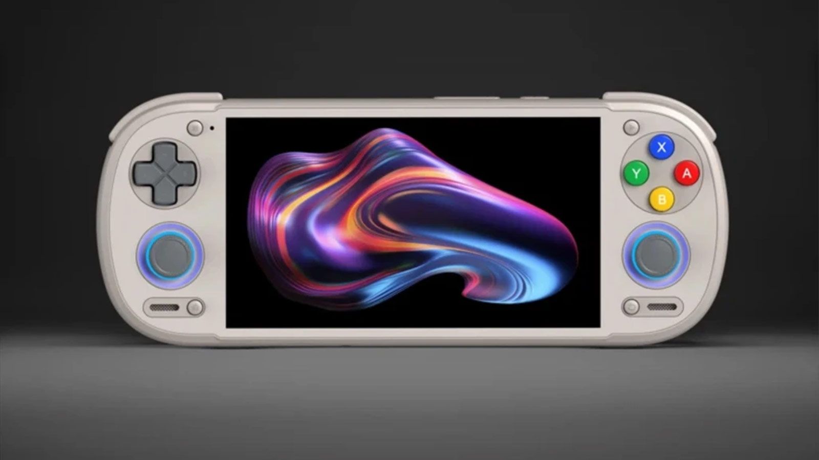 Consola portátil Retroid Pocket 6 de color gris claro con botones de colores y sticks analógicos con iluminación azul sobre fondo oscuro.