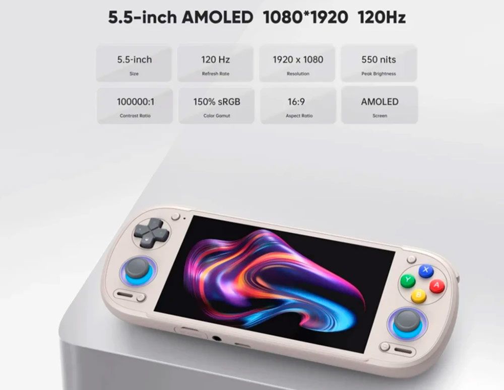 Consola portátil Retroid Pocket 6 con pantalla encendida mostrando sus especificaciones técnicas de panel AMOLED.