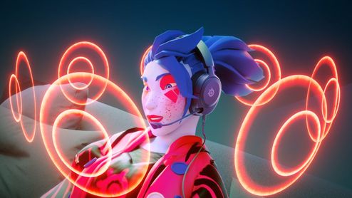Avatar con auriculares SteelSeries Arctis Nova 1 rodeado de círculos de luz roja concéntricos.