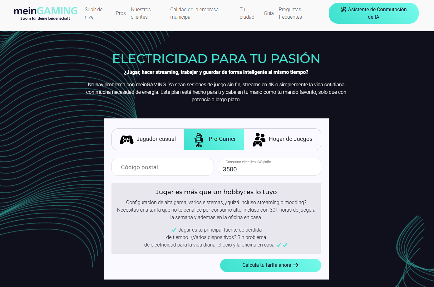 Interfaz web de meinGAMING con opciones de configuración para tarifas eléctricas orientadas a jugadores.