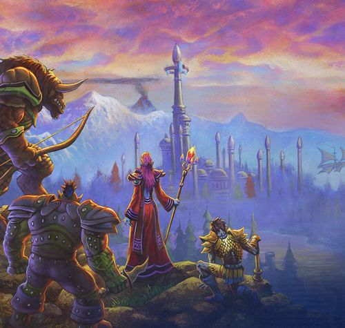 Ilustración de personajes de World of Warcraft contemplando un paisaje nevado con una torre y un cielo crepuscular.