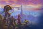 Ilustración de personajes de World of Warcraft contemplando un paisaje nevado con una torre y un cielo crepuscular.