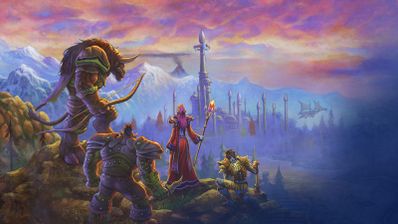 Ilustración de personajes de World of Warcraft contemplando un paisaje nevado con una torre y un cielo crepuscular.