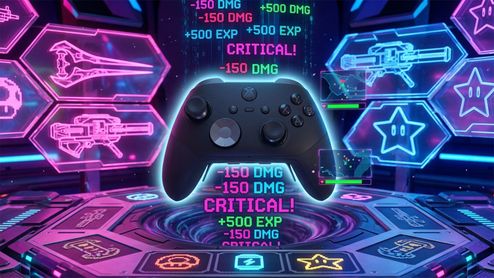 Mando Xbox Elite Series 3 sobre un fondo futurista con iconos de armas y estadísticas de juego en tonos neón.