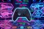 Mando Xbox Elite Series 3 sobre un fondo futurista con iconos de armas y estadísticas de juego en tonos neón.