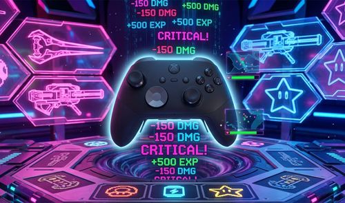 Mando Xbox Elite Series 3 sobre un fondo futurista con iconos de armas y estadísticas de juego en tonos neón.