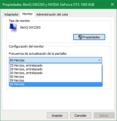 Frecuencia monitor Windows 10