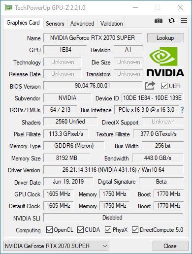 NVIDIA GeForce RTX 2070 SUPER Founders Edition - GPU-Z